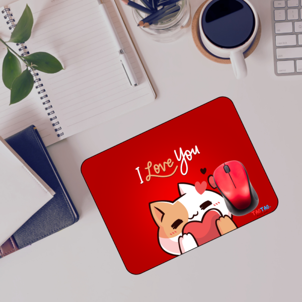 TAOTAO Mousepad – "I Love You" with Cute Cat Image Printed on Red Background Rubber Mousepad | Adorable, Durable, and Non-Slip - Image 3